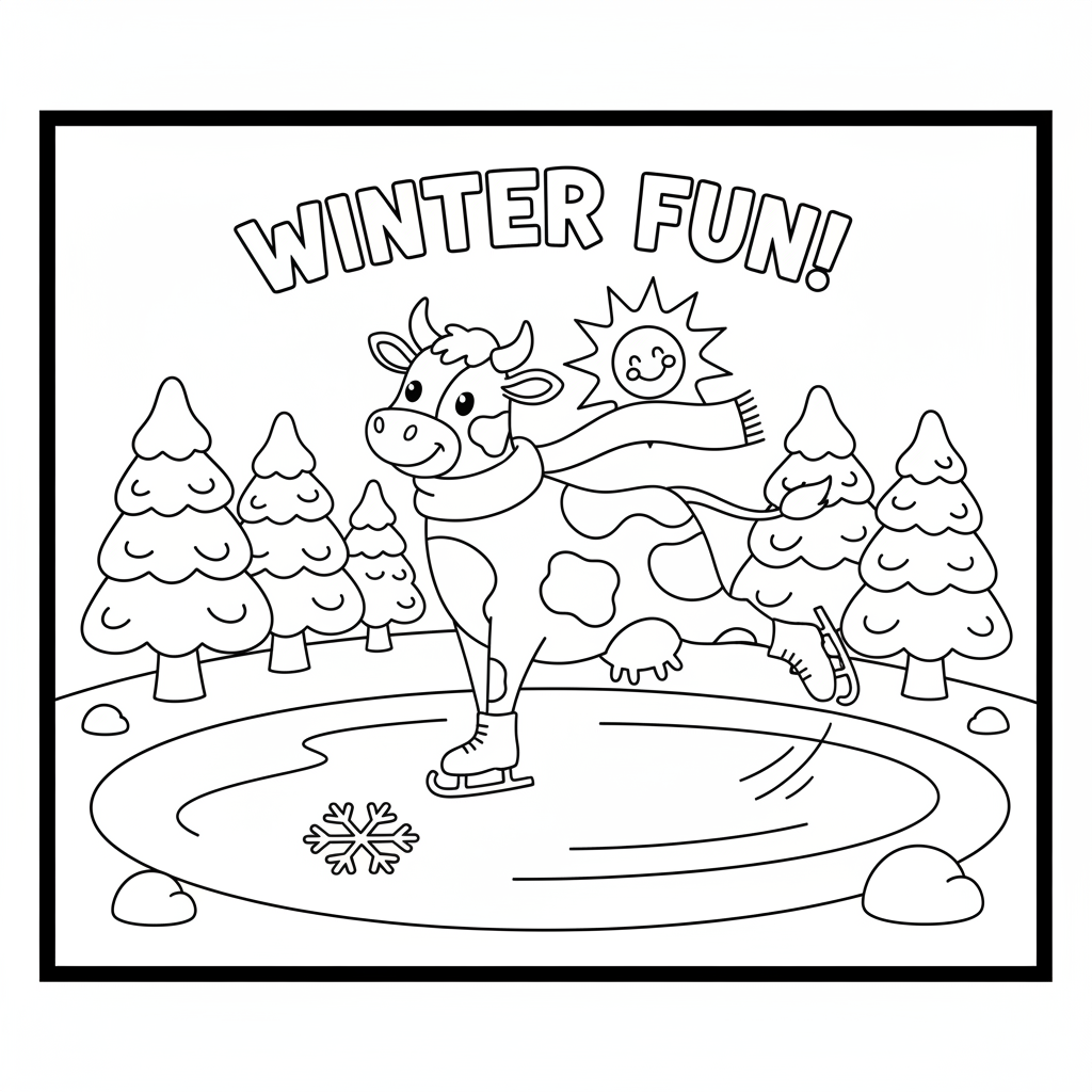 Cow ice skating frozen pond winter graceful - Free Printable Coloring Page