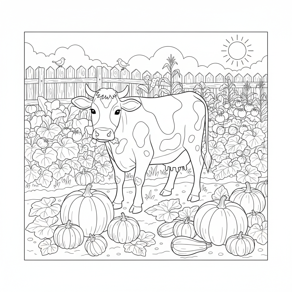 Cow In Vegetable Garden Surrounded By Pumpkins - Free Printable Coloring Page