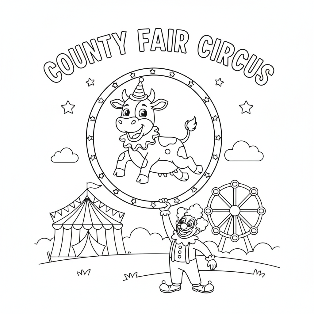 Cow jumping through hoop county fair circus - Free Printable Coloring Page Cow jumping through hoop county fair circus - Free Printable Coloring Page