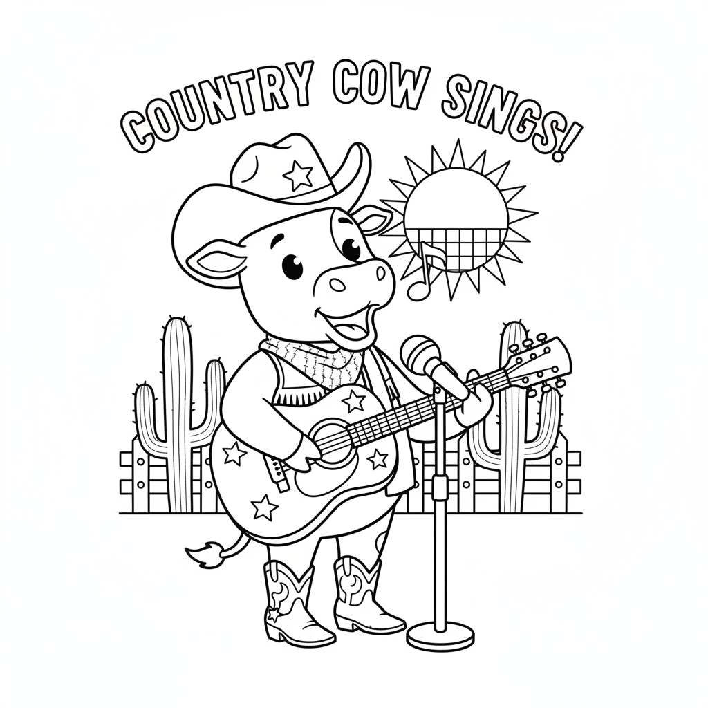 Cow playing guitar singing country music performer - Free Printable Coloring Page