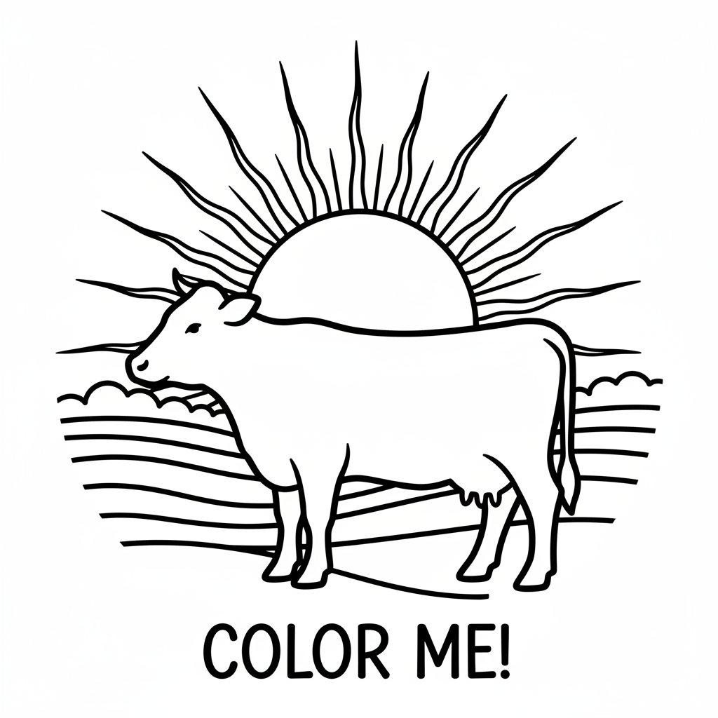 Cow silhouette against beautiful sunset backdrop evening - Free Printable Coloring Page