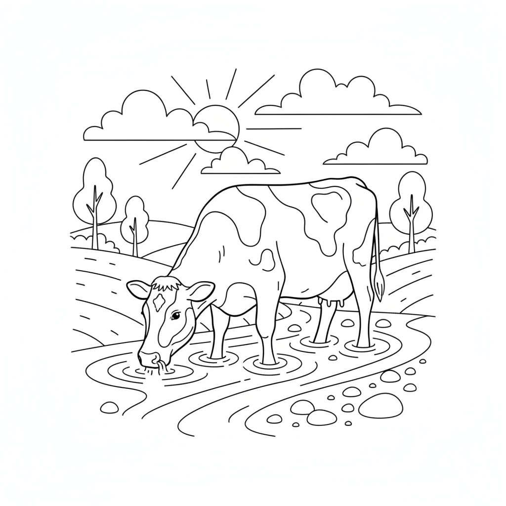Cow Standing In Shallow Stream Drinking Water - Free Printable Coloring Page