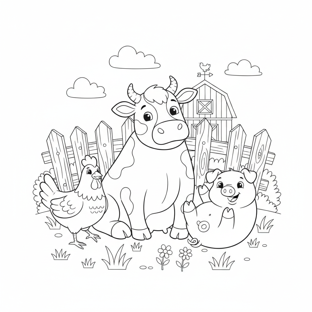 Farmyard Scene With Cow Chicken Pig Together - Free Printable Coloring Page