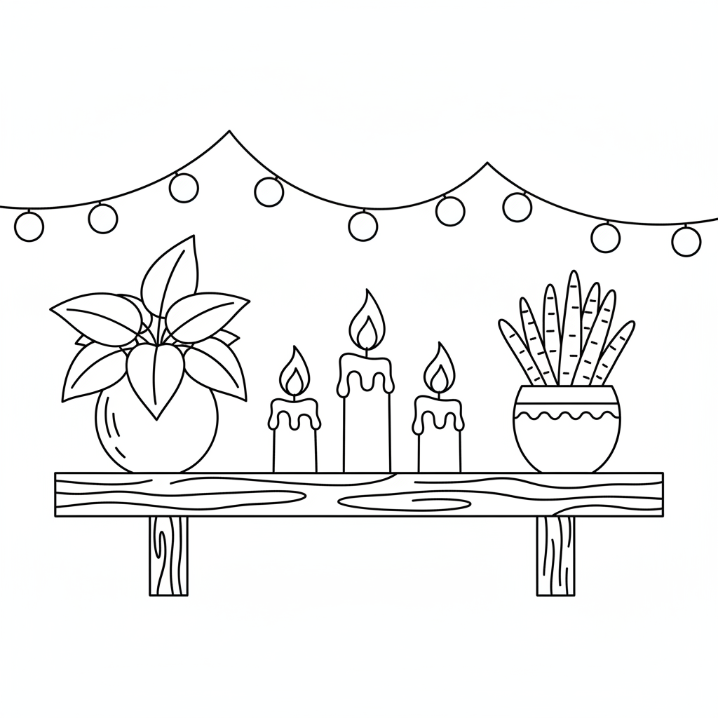 Ljus som flimrar på hyllan med krukväxter och ljusslingor - Gratis utskrivbar målarbild