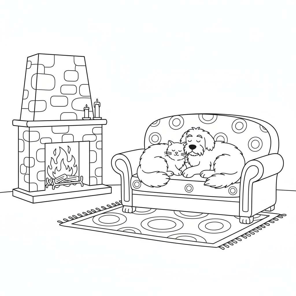 Cat and dog cuddled together on sofa by fireplace - Free Printable Coloring Page Cat and dog cuddled together on sofa by fireplace - Free Printable Coloring Page