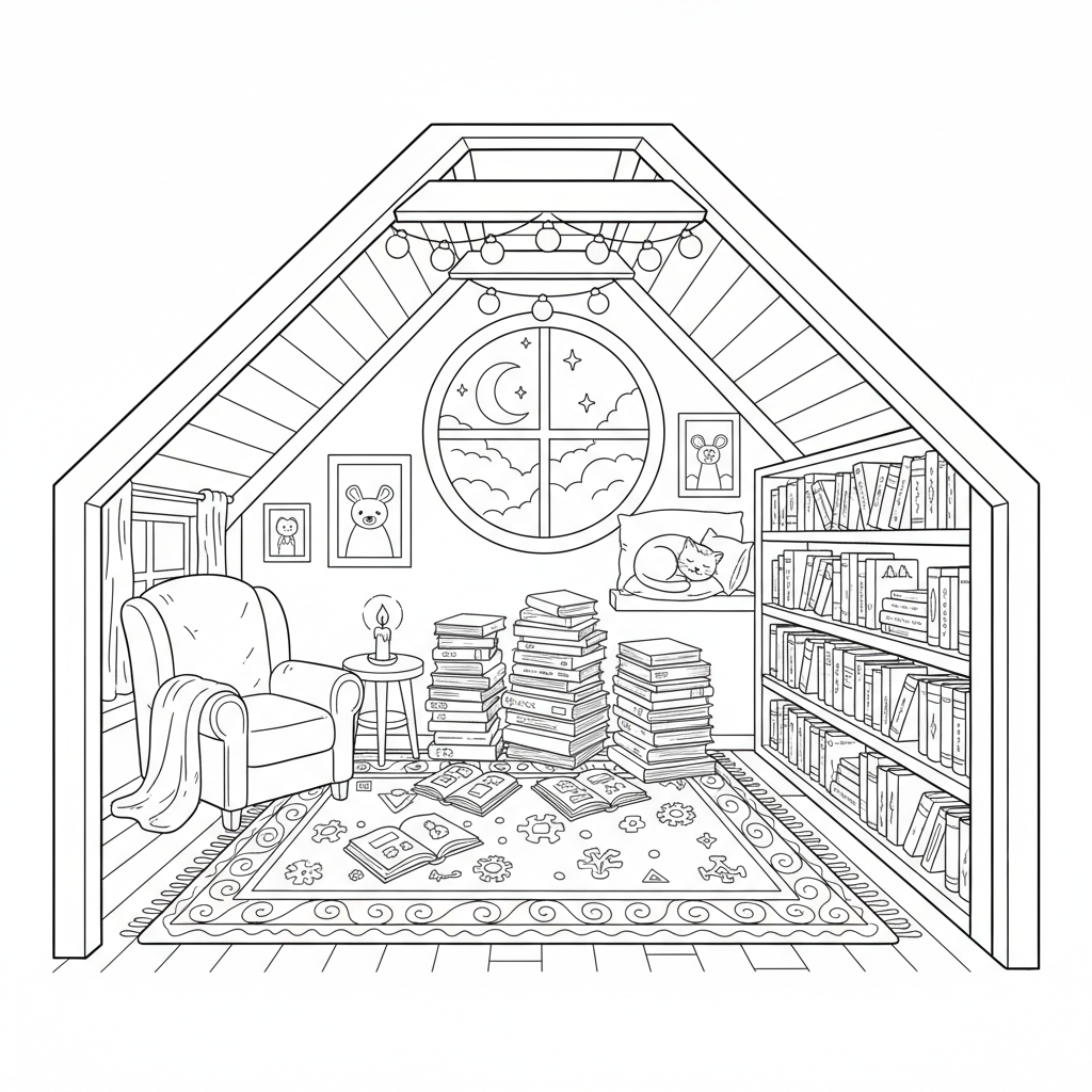 Mysigt vindsrum med sluttande takböcker och varm matta - Gratis utskrivbar målarbild