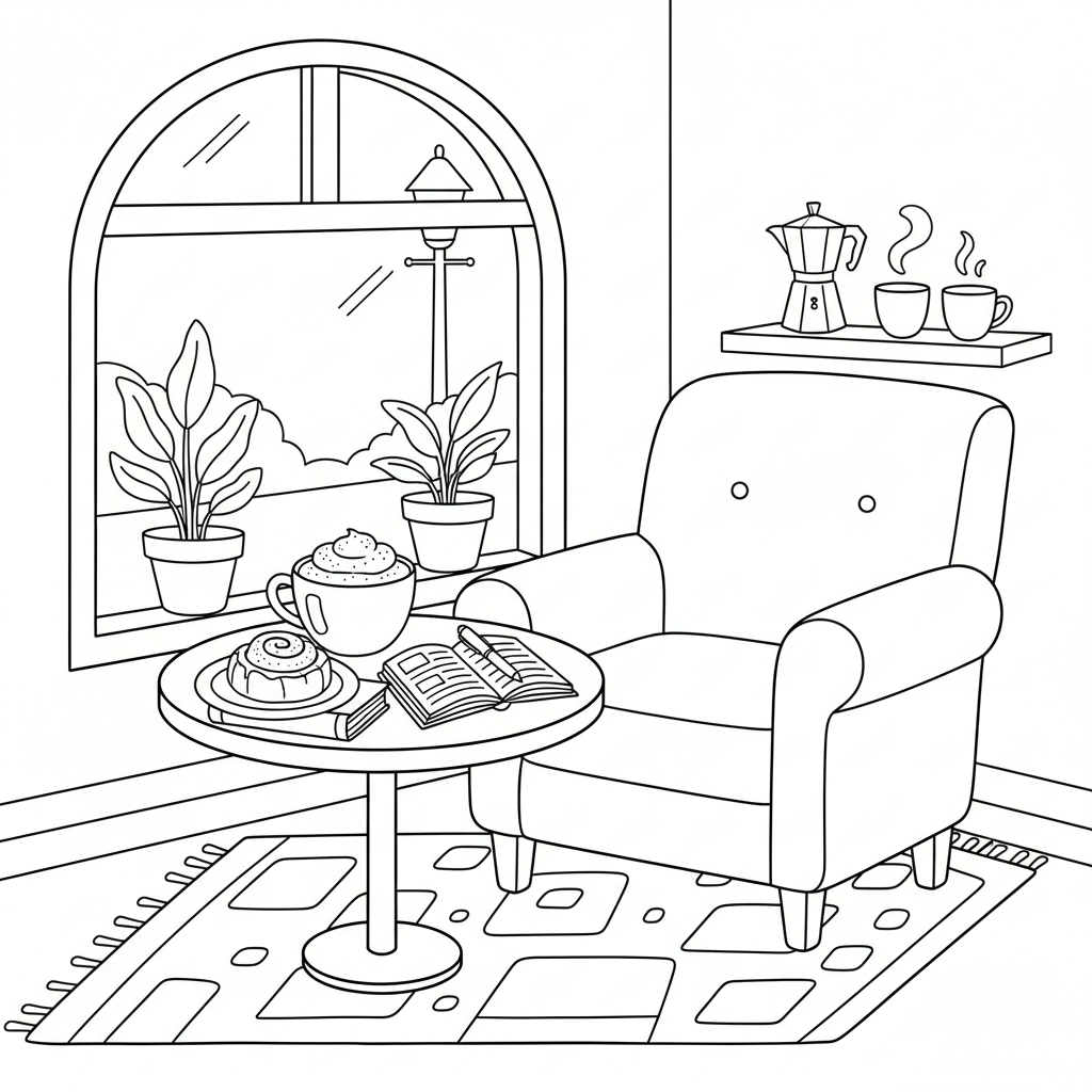 Gemütliche Ecke im Café mit Latte Macchiato, Gebäck und Notizbuch - Kostenloses druckbares Ausmalbild