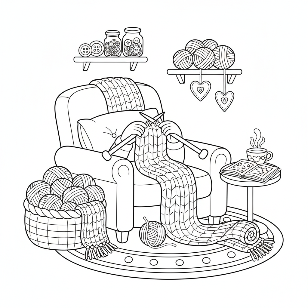 Accogliente angolo creativo con aghi da lana e sciarpa finita. - Disegno da colorare gratuito Accogliente angolo creativo con aghi da lana e sciarpa finita. - Disegno da colorare gratuito