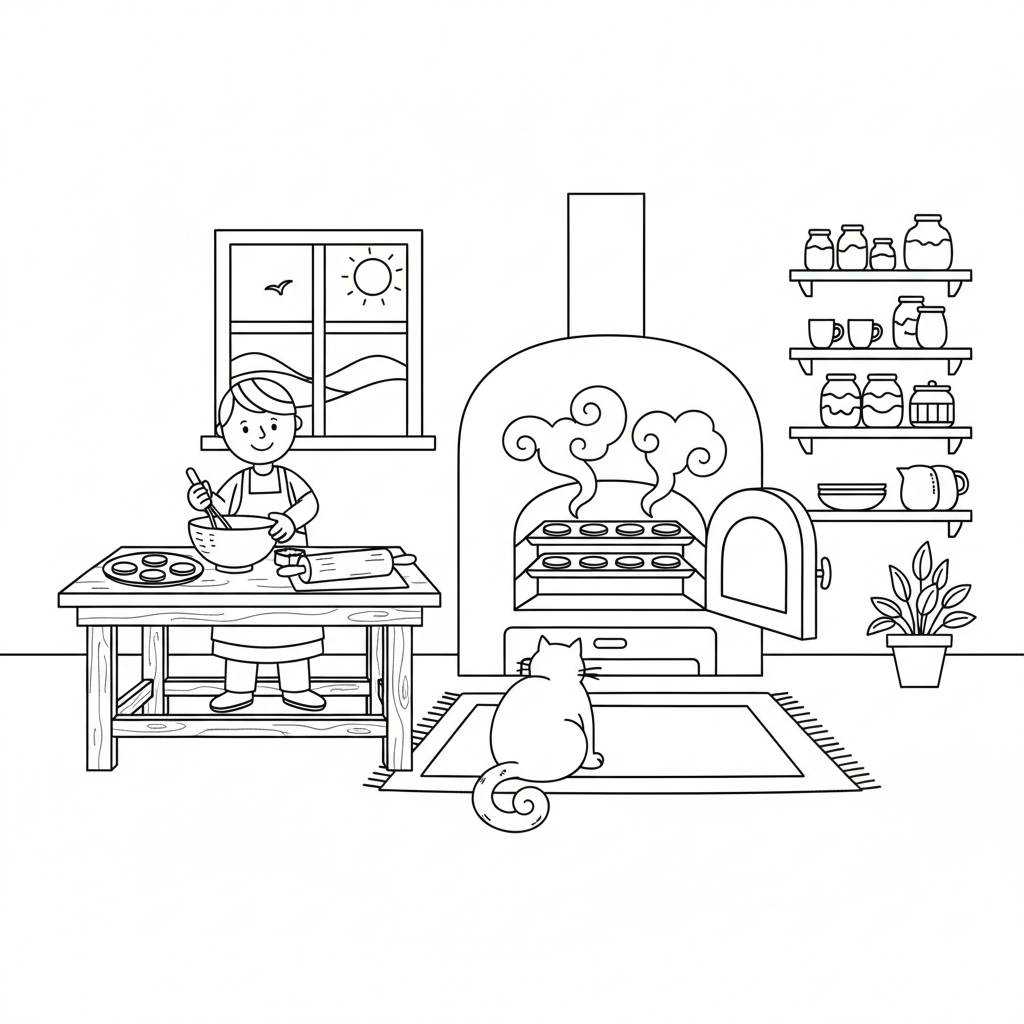 Cozy kitchen with cookies baking and steam from oven - Free Printable Coloring Page Cozy kitchen with cookies baking and steam from oven - Free Printable Coloring Page