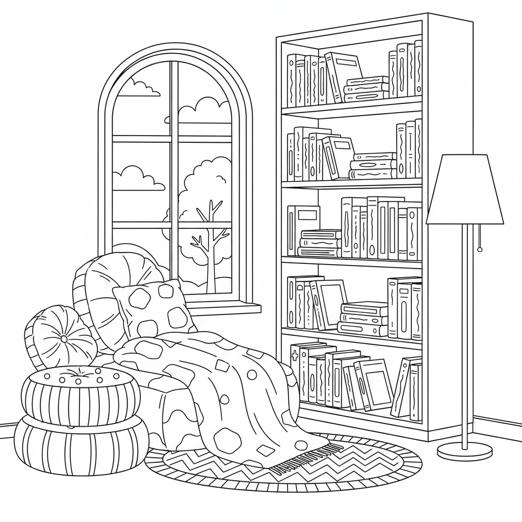Cozy library nook with floor cushions and tall bookshelves - Free Printable Coloring Page Cozy library nook with floor cushions and tall bookshelves - Free Printable Coloring Page