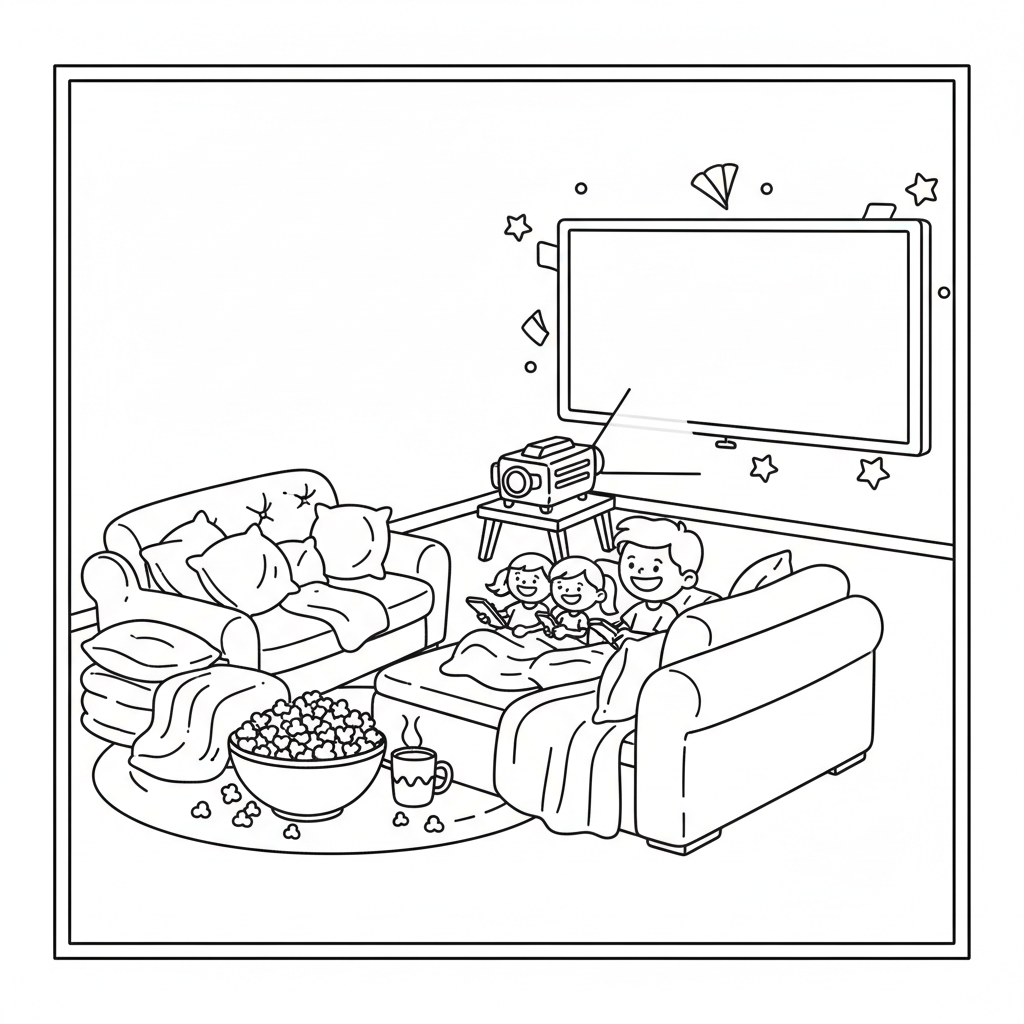 Cozy movie night setup with popcorn blankets and pillows - Free Printable Coloring Page