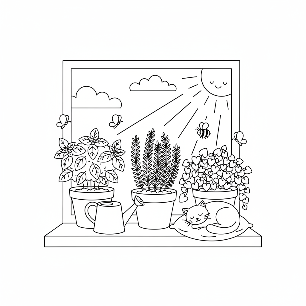 Cozy windowsill garden with herbs and morning light streaming - Free Printable Coloring Page