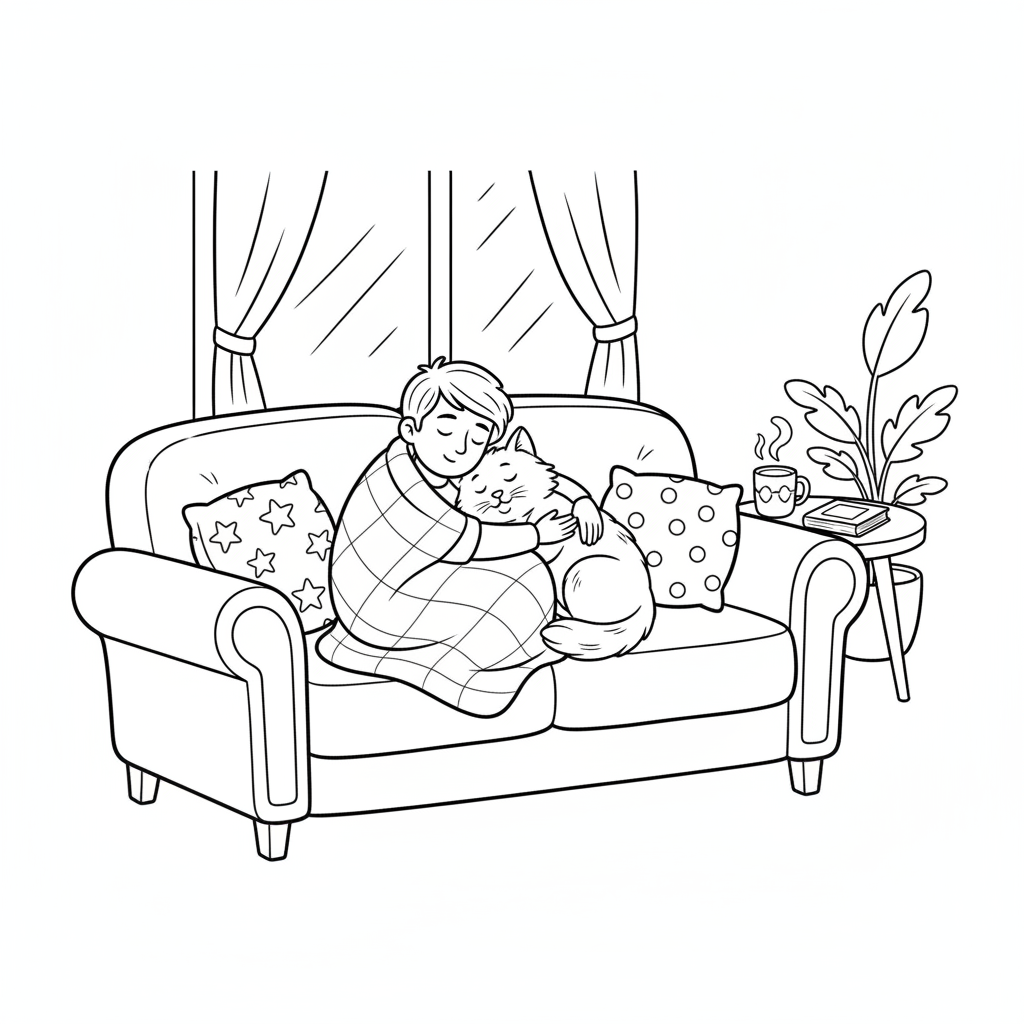 Person and pet napping together on comfy couch afternoon - Free Printable Coloring Page Person and pet napping together on comfy couch afternoon - Free Printable Coloring Page