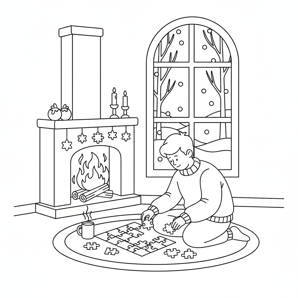 Person doing puzzle by firelight on winter evening - Free Printable Coloring Page