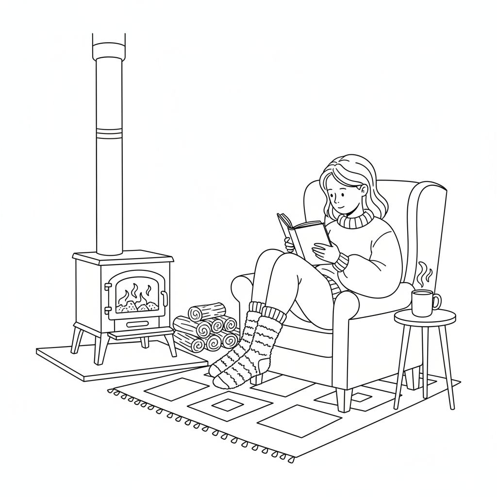 Person in fuzzy socks reading by wood burning stove - Free Printable Coloring Page Person in fuzzy socks reading by wood burning stove - Free Printable Coloring Page