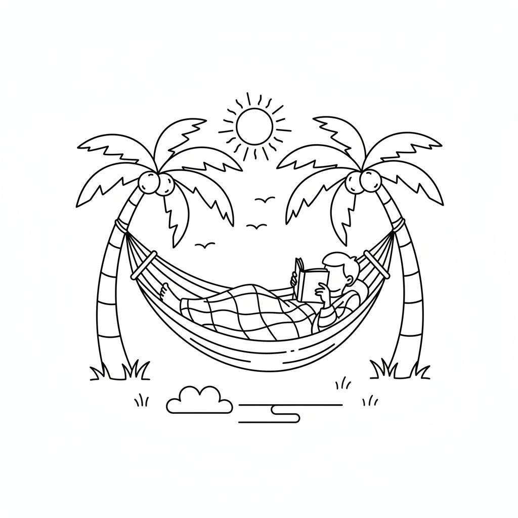 Iemand ligt in een hangmat met een deken te lezen op een luie middag. - Gratis afdrukbare kleurplaat