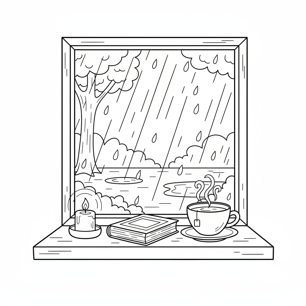 Rainy day window with candle tea and book on sill - Free Printable Coloring Page Rainy day window with candle tea and book on sill - Free Printable Coloring Page