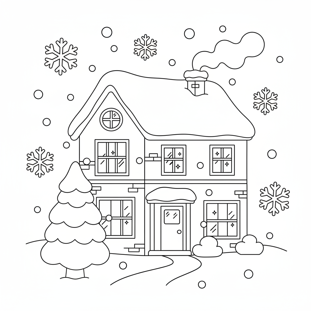 Scène de soirée enneigée avec les lumières chaudes des maisons qui brillent doucement. - Coloriage gratuit à imprimer Scène de soirée enneigée avec les lumières chaudes des maisons qui brillent doucement. - Coloriage gratuit à imprimer