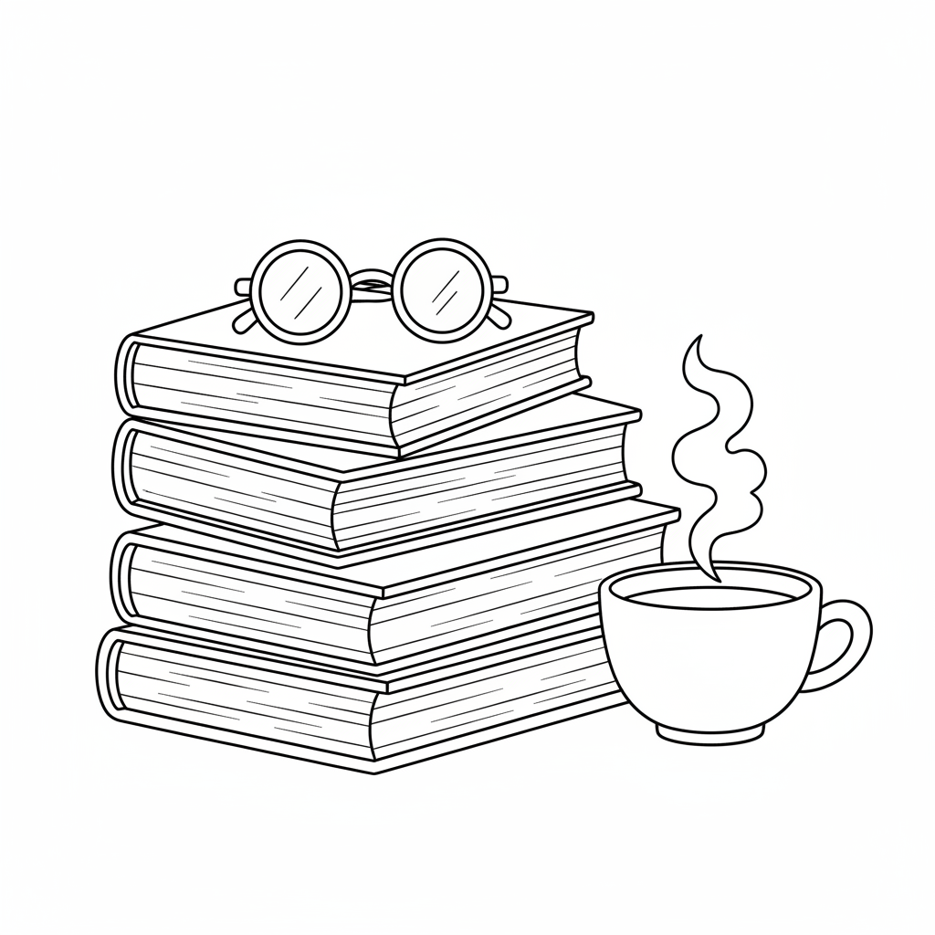 Trave böcker med läsglasögon och ångande tekopp - Gratis utskrivbar målarbild