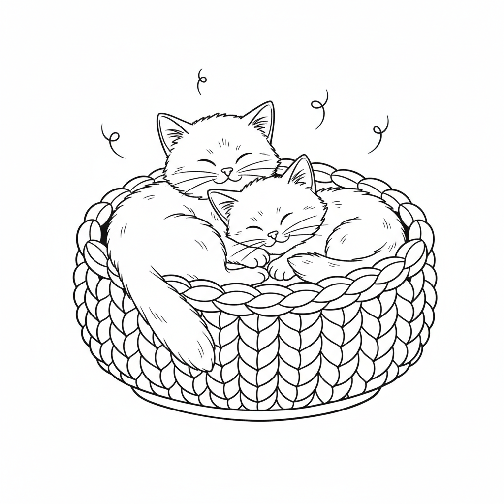 Two kittens in knitted basket sleeping peacefully together - Free Printable Coloring Page