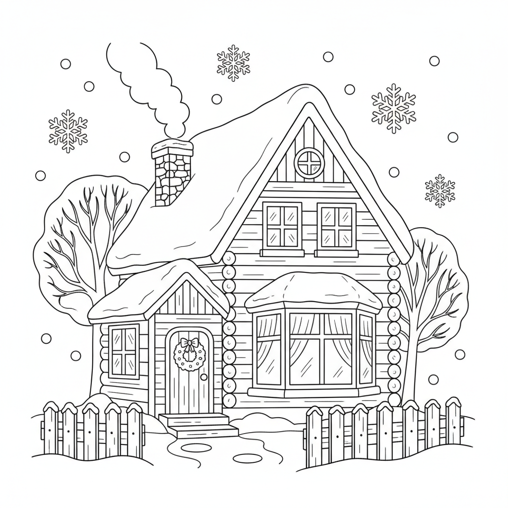 Winter cottage with wreath on door and warm glow windows - Free Printable Coloring Page Winter cottage with wreath on door and warm glow windows - Free Printable Coloring Page