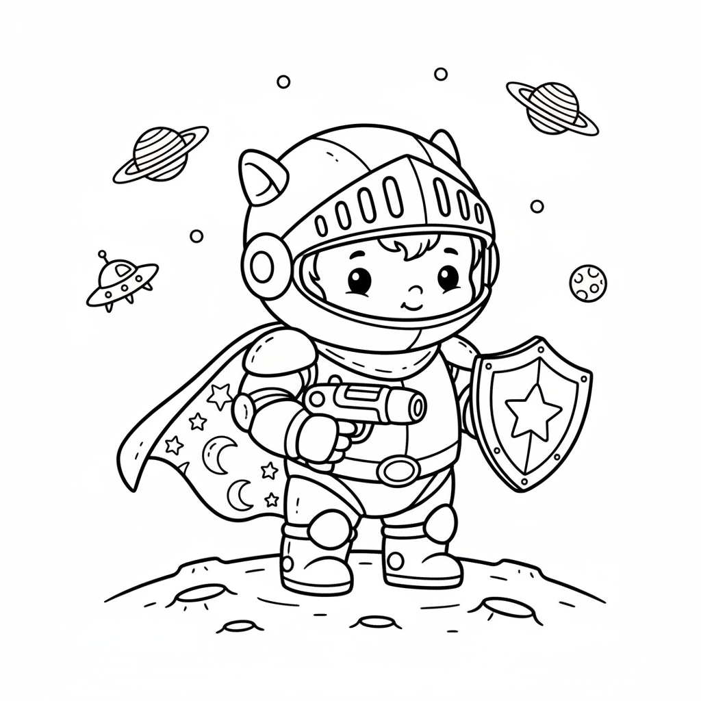 A baby version of a cute armored space knight with tiny cape - Free Printable Coloring Page