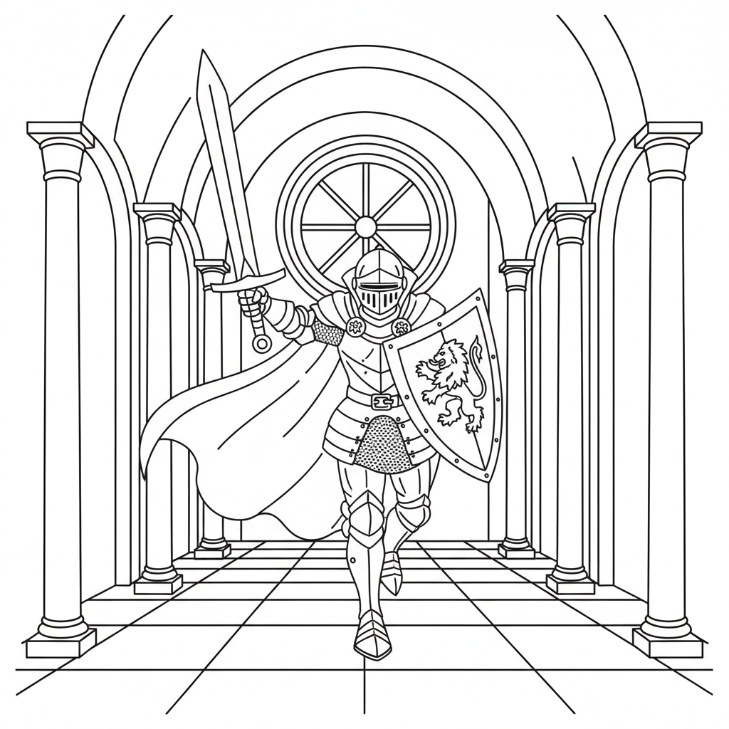 A caped armored figure making a grand entrance in a hallway - Free Printable Coloring Page A caped armored figure making a grand entrance in a hallway - Free Printable Coloring Page