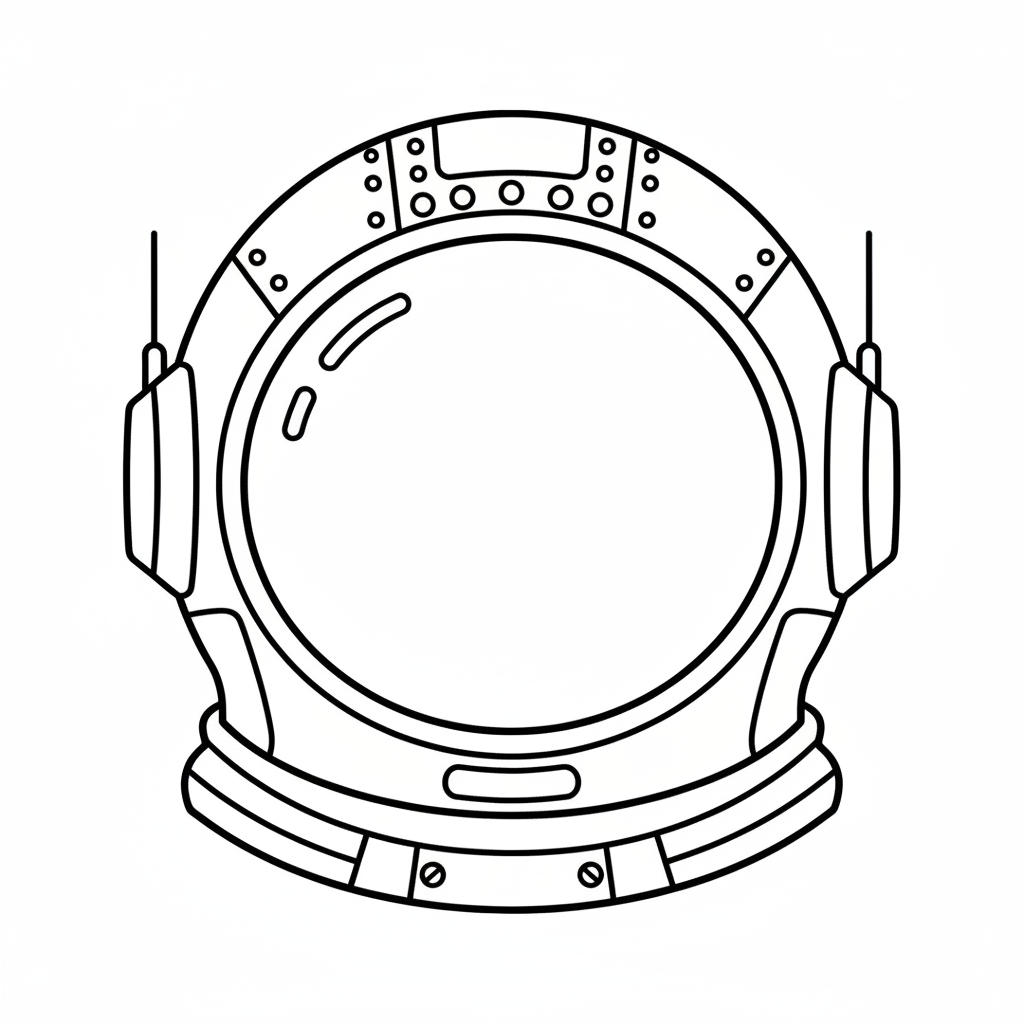 A close-up of a round black space helmet with mechanical details - Free Printable Coloring Page