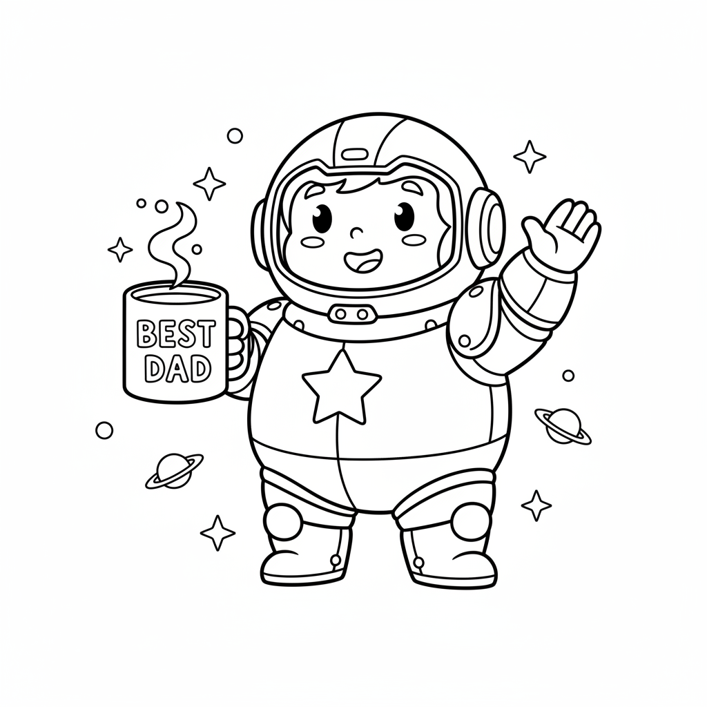 A cute armored space warrior holding a best dad mug happy - Free Printable Coloring Page A cute armored space warrior holding a best dad mug happy - Free Printable Coloring Page