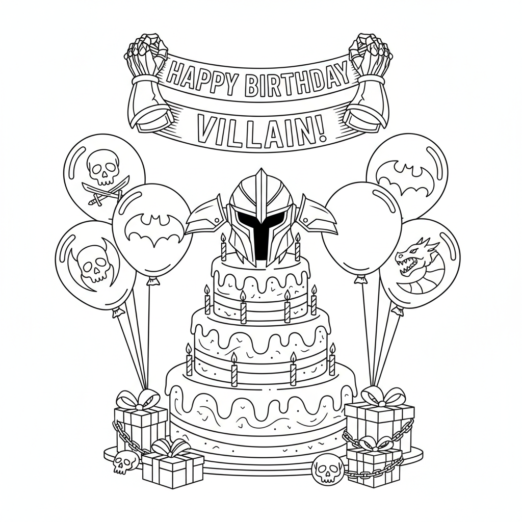Un méchant en armure sombre, un gâteau avec des ballons et un casque, pour une fête d'anniversaire. - Free Printable Coloring Page Un méchant en armure sombre, un gâteau avec des ballons et un casque, pour une fête d'anniversaire. - Free Printable Coloring Page