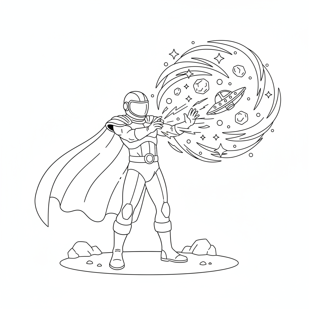 Un guerriero spaziale con un mantello fluente che usa poteri magici telecinetici - Disegno da colorare gratuito