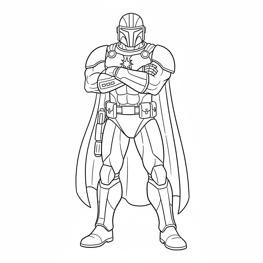 A tall armored space warrior standing with arms crossed confident - Free Printable Coloring Page