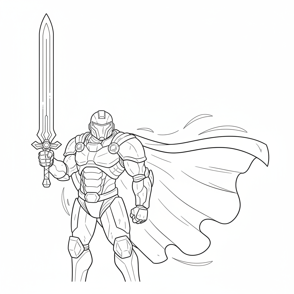 A tall armored space warrior with cape blowing in the wind heroic - Free Printable Coloring Page
