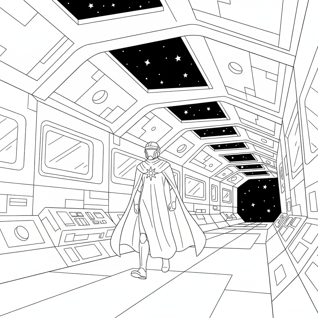 Un'alta figura con mantello che cammina in un enorme corridoio di un'astronave - Disegno da colorare gratuito