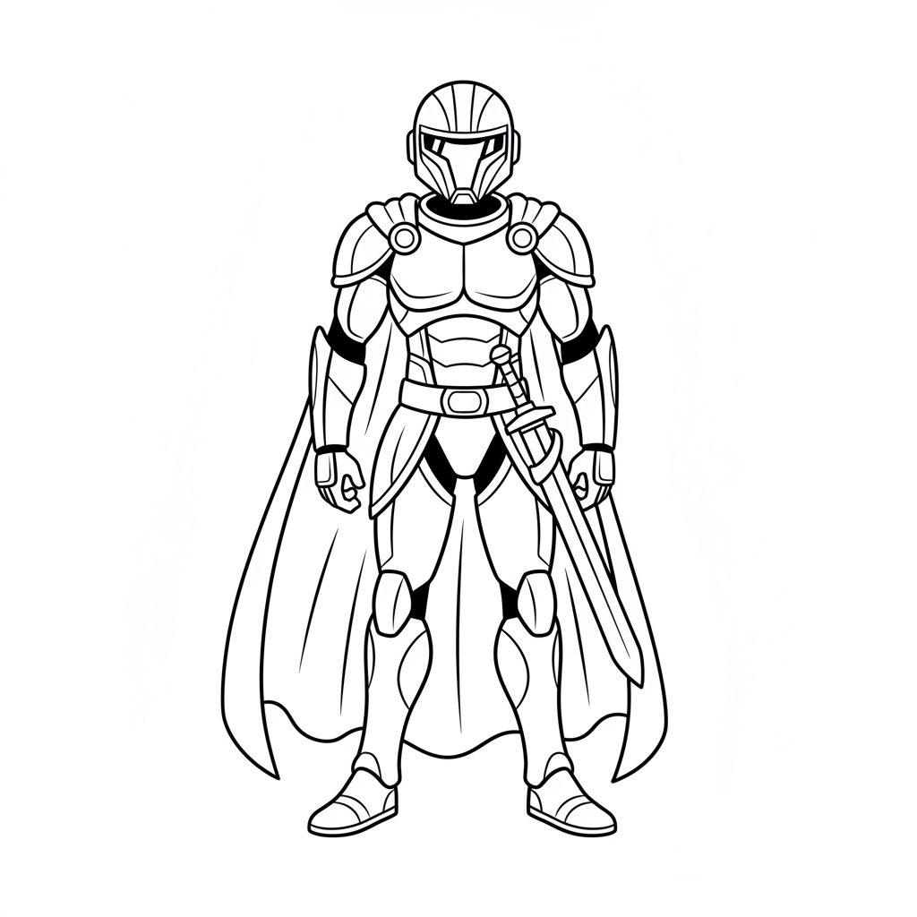 Un alto guerriero spaziale con un'armatura nera e un mantello fluente a corpo intero - Disegno da colorare gratuito