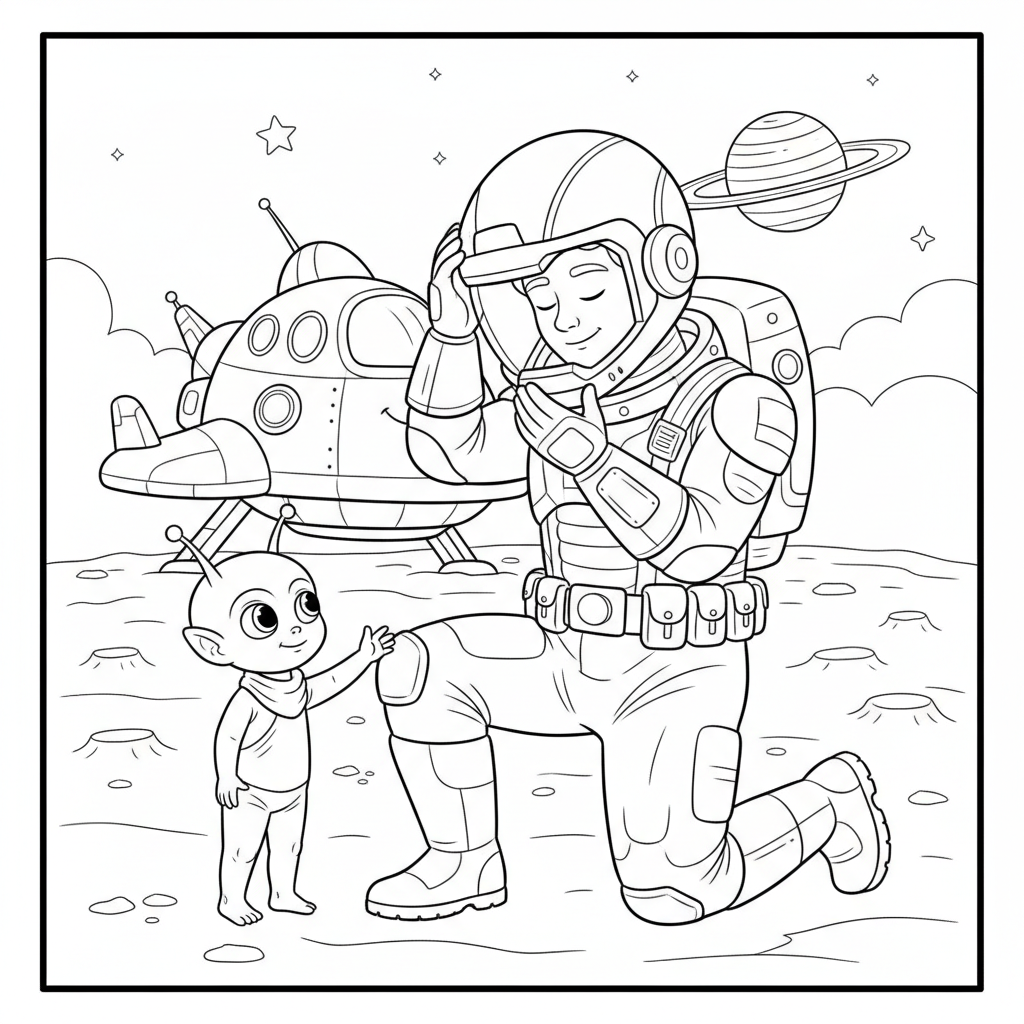 A touching scene of a space warrior removing his helmet peaceful - Free Printable Coloring Page