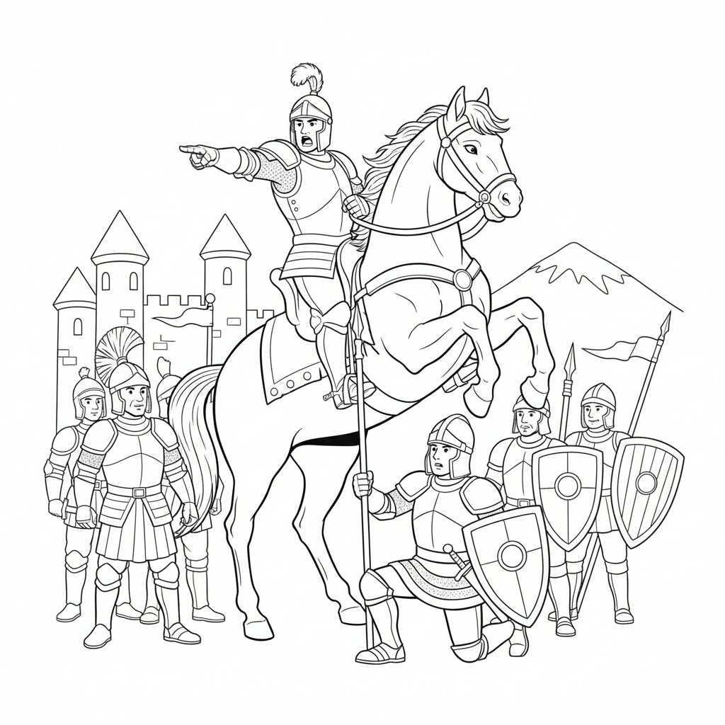 An armored commander pointing and giving orders to troops - Free Printable Coloring Page