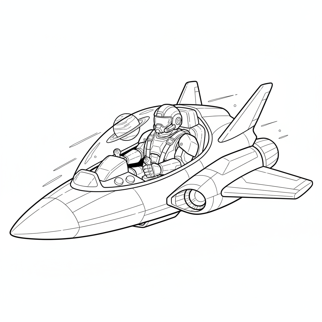 Un pilota corazzato nella cabina di pilotaggio di un elegante caccia spaziale - Disegno da colorare gratuito