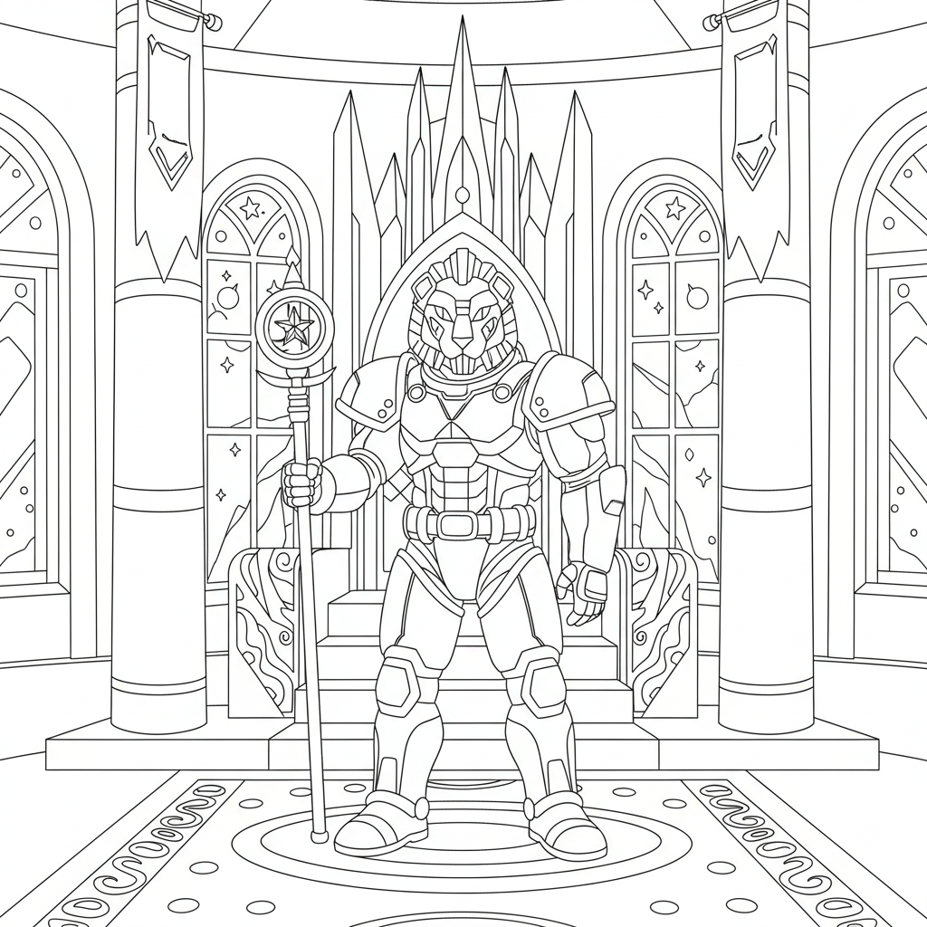 An armored space commander standing in a grand throne room - Free Printable Coloring Page