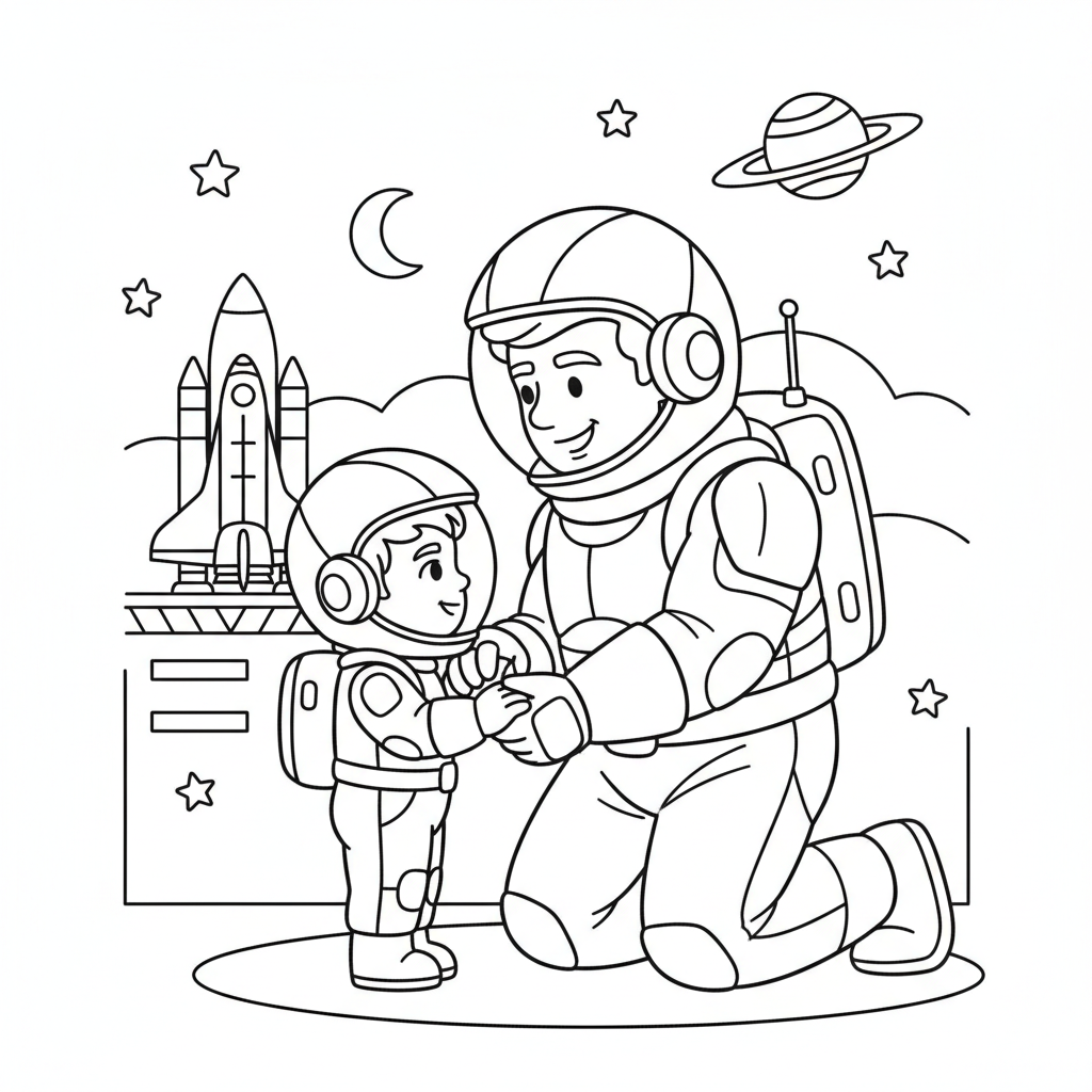 Un padre espacial blindado y su hijo pequeño tienen una charla sincera - Página para colorear gratis