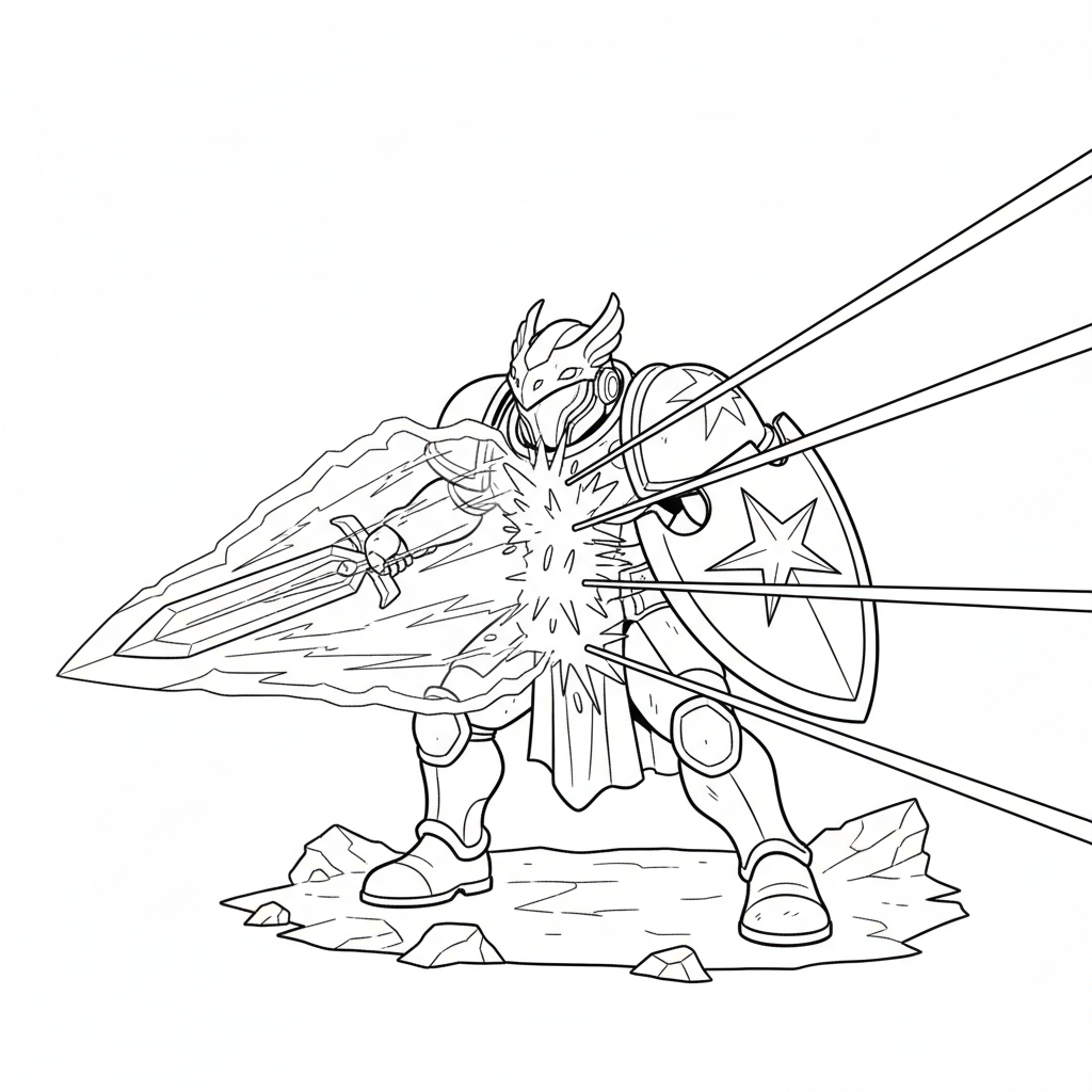 An armored space knight blocking laser beams with an energy sword - Free Printable Coloring Page