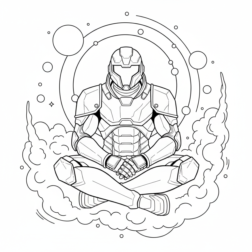 An armored space knight floating cross-legged in deep meditation - Free Printable Coloring Page
