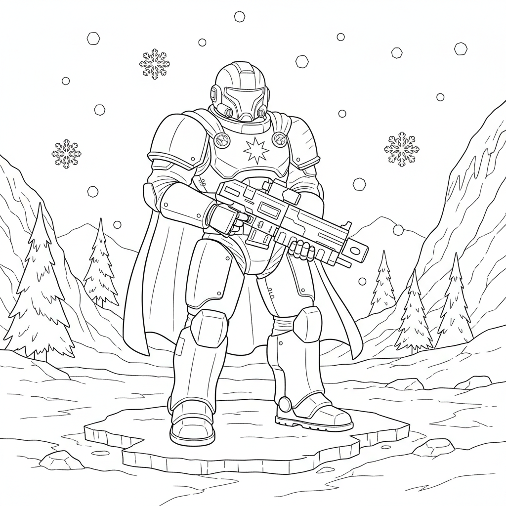 An armored space warrior standing in a snowy frozen landscape - Free Printable Coloring Page