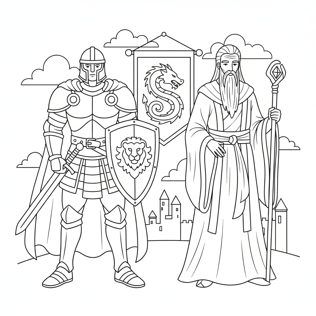 An armored warrior and a robed old master standing together - Free Printable Coloring Page An armored warrior and a robed old master standing together - Free Printable Coloring Page