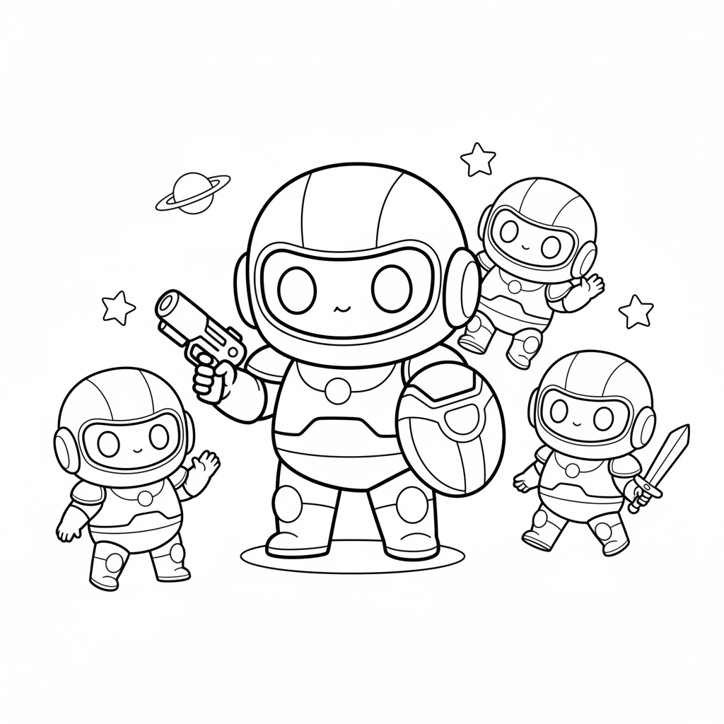 Chibi söt bepansrad rymdkrigare med små vita bepansrade vänner - Gratis utskrivbar målarbild
