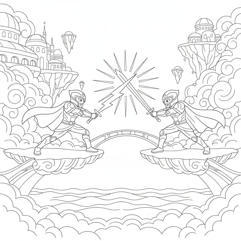 Two warriors dueling with energy swords in a floating cloud city - Free Printable Coloring Page