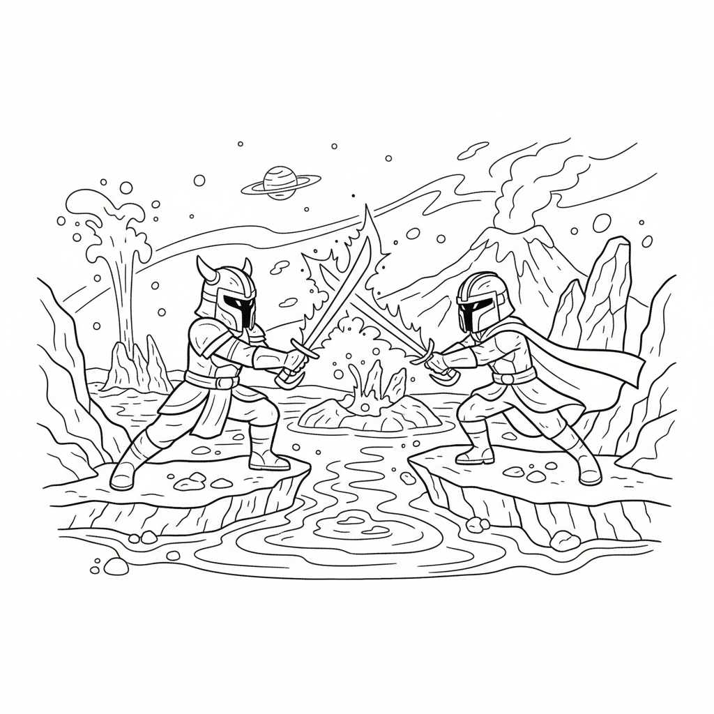 Two warriors having a glowing energy sword duel on a lava planet - Free Printable Coloring Page