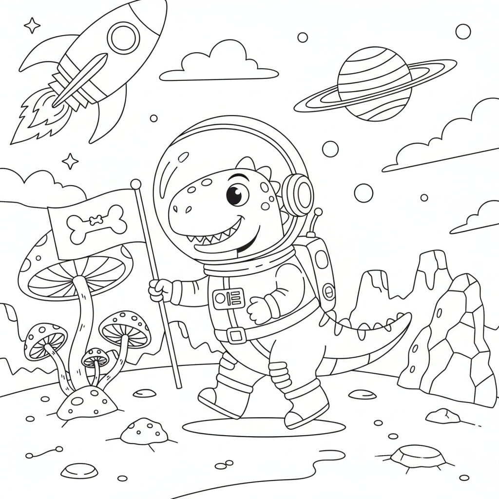 Dinosaur astronaut exploring alien planet with flag - Free Printable Coloring Page