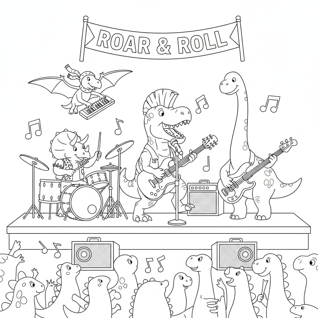 Dinosaur band rock concert playing instruments stage - Free Printable Coloring Page