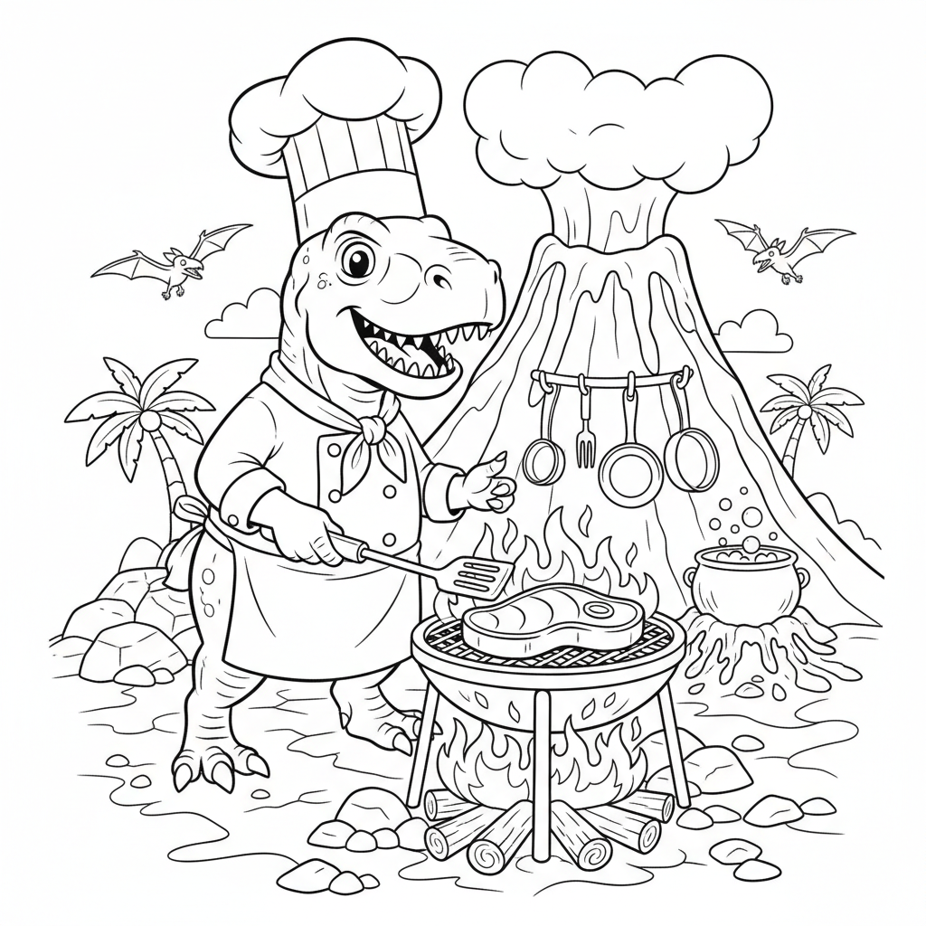 Dinosaur chef cooking in volcano heated kitchen grill - Free Printable Coloring Page